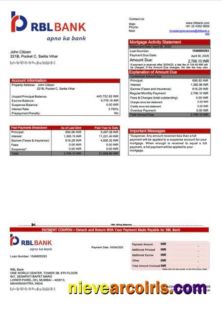 India RBL Bank mortgage statement Word and PDF template